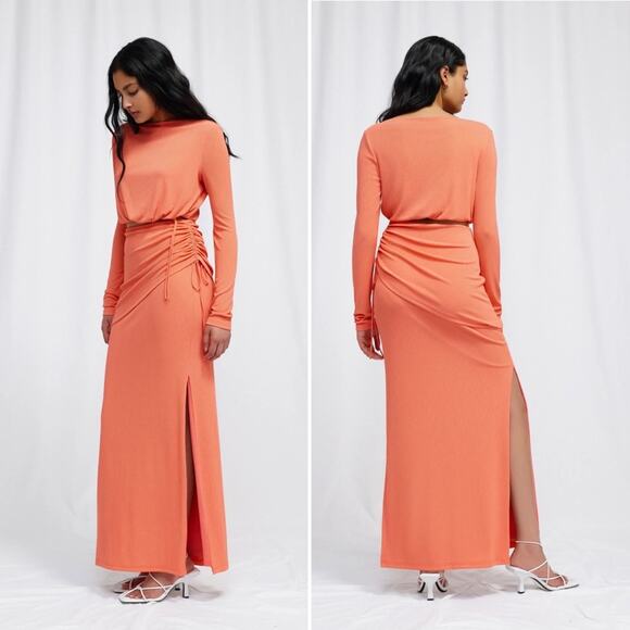 NWT Significant Other tiered Ribbed Maxi Skirt Pink Coral Side Slit Revolve 6 - Picture 1 of 11